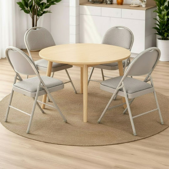 Sudden Comfort Round Back Upholstered Steel Folding Chair, Buff Lace Locke Taupe (Set of 4)