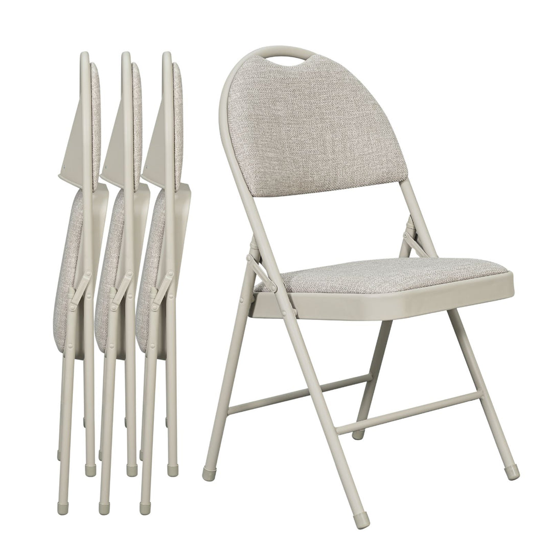 Sudden Comfort Round Back Upholstered Steel Folding Chair, Buff Lace Locke Taupe (Set of 4)