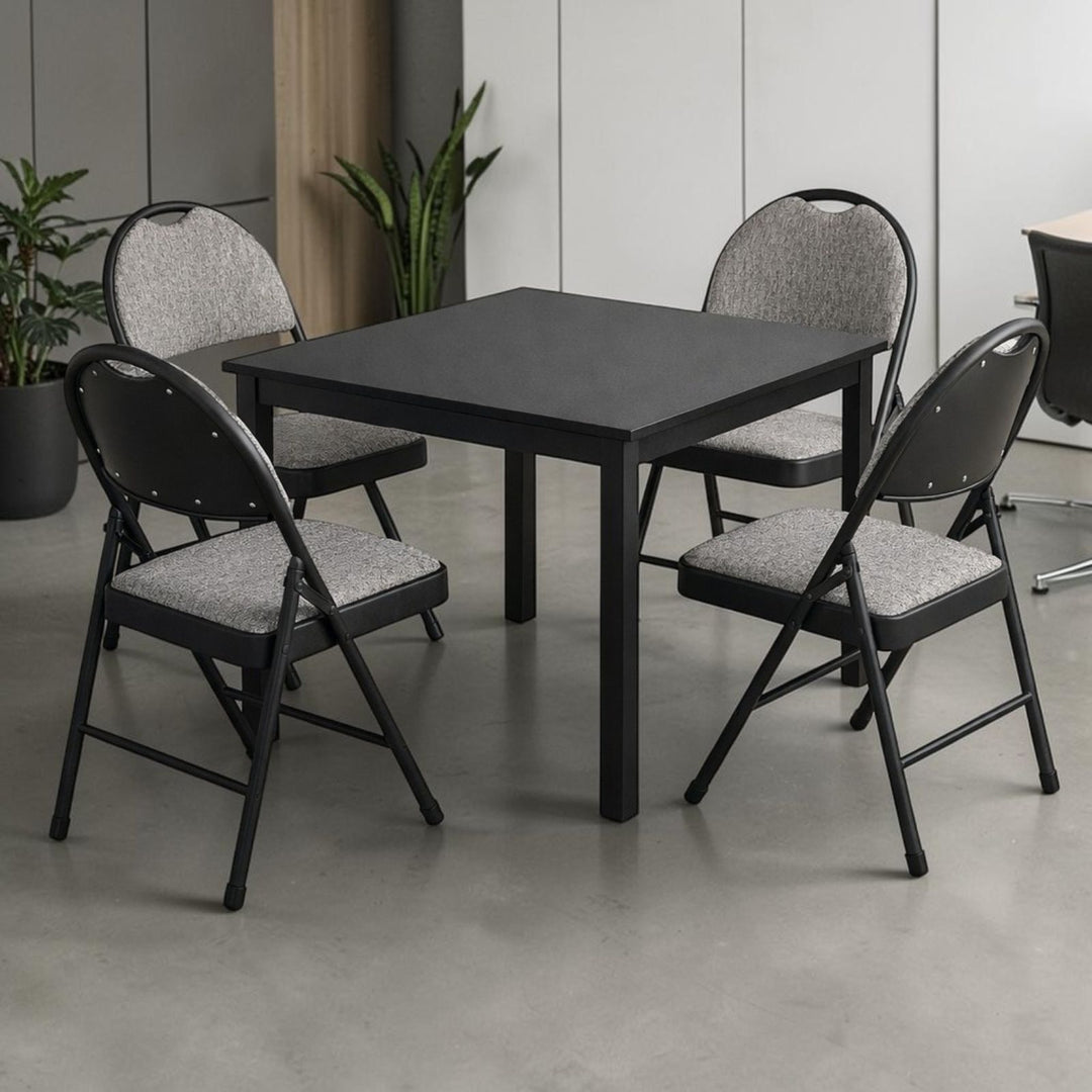 Sudden Comfort Round Back Upholstered Steel Folding Chair, Black Lace Pippin Graphite (Set of 4)