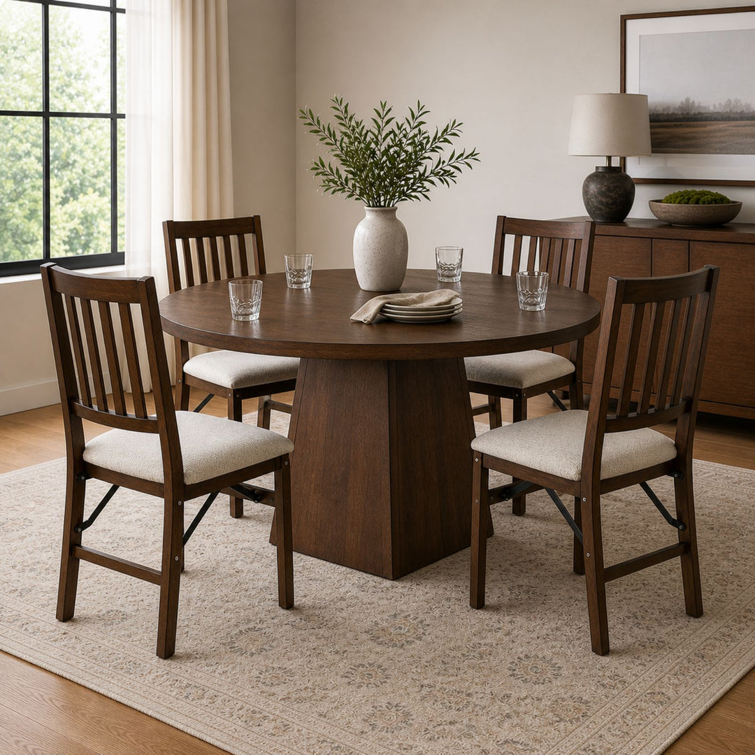 Slat Back Upholstered Folding Chair, Espresso with Barnabas Mushroom Fabric (Set of 2 or 8)