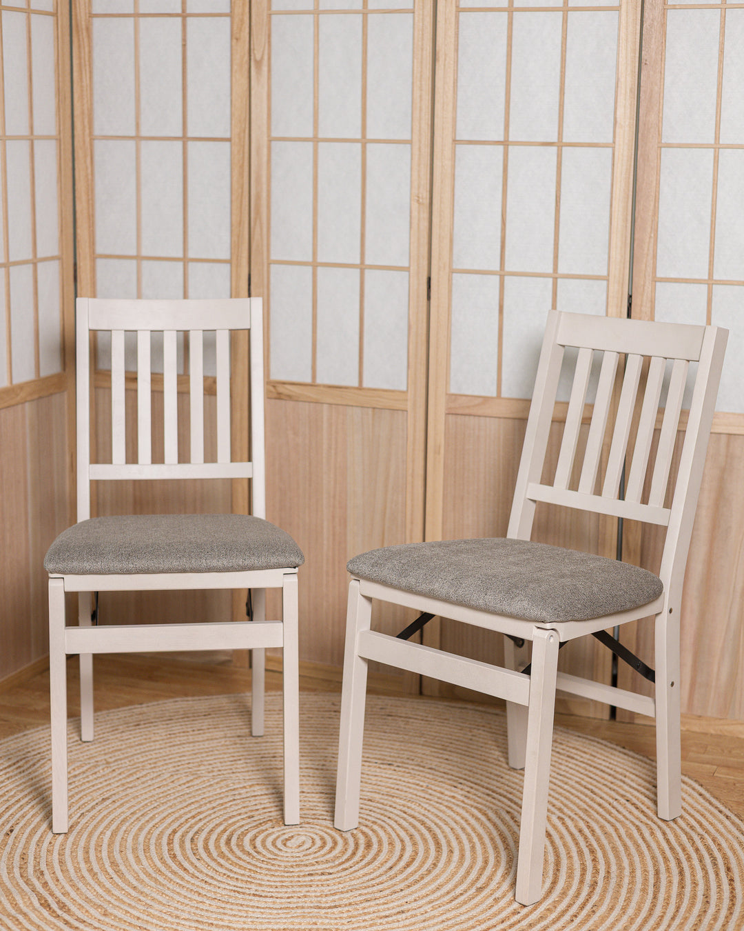 Slat Back Upholstered Folding Chair, White (Set of 2)